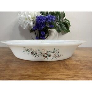 Vintage Glassbake Milk Glass Divided Casserole Turquoise Leaf Mid Century Retro‎
